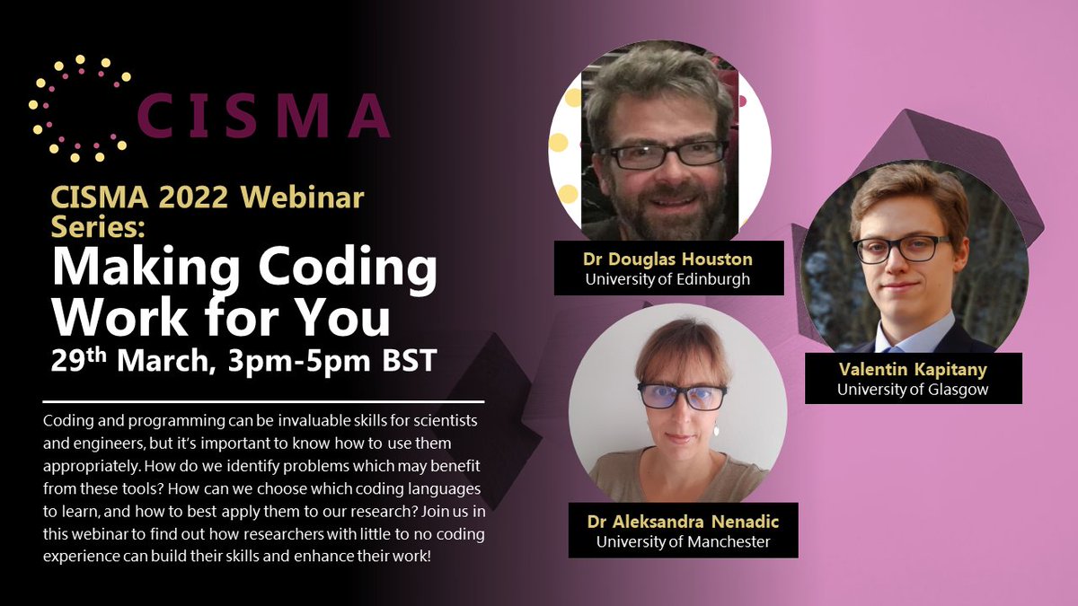 Are you interested in learning to code, but not sure where to start? Join us for our next webinar on Tuesday 29th March to find out how coding could enhance your research! 

Registration for Making Coding Work for You is open now at eventbrite.co.uk/e/290405579907