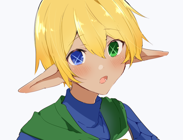 blonde hair pointy ears heterochromia solo male focus green eyes white background  illustration images