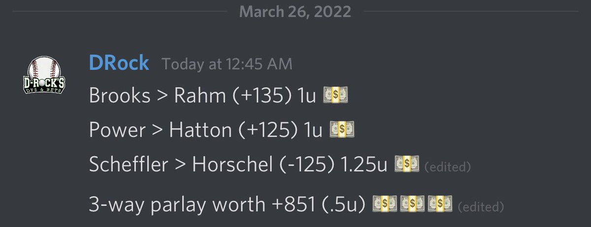 DRockDFS's tweet photo. After sweeping #MarchMadness last night we start off today with sweeping #PGA Matchups and hit the parlay for +851. Starting to catch 🔥 and it’s all posted for FREE in the DRock’s DFS &amp; Bets Discord. 

💵💵💵💵💵💵💵💵💵💵💵

#JoinUs #JustPrint #GamblingTwitter https://t.co/YTGlHsbCGl