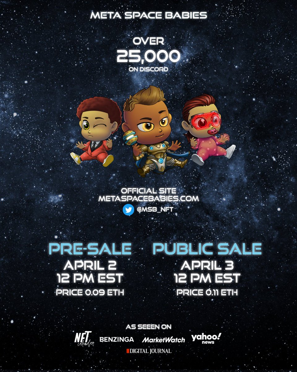 6 days to Pre-sale #MINT!
Pre-sale (Whitelist) April 2nd 12PM EST. Pre-sale MINT price 0.09 eth
Public Sale April 3rd 12PM EST. Public MINT price 0.11 eth

5xWL #giveaway everyday until MINT! To enter:
Follow <a href="/MSB_NFT/">Meta Space Babies NFT</a>, like &amp; retweet this post!

Official links in bio!