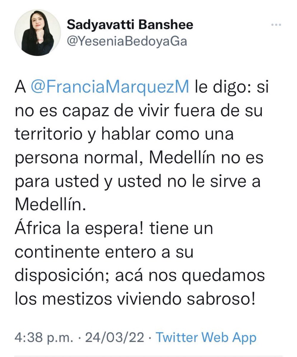 QuinteroCalle's tweet photo. Si bien hay quienes no superan la sociedad del Narcotrafico, el racismo e intolerancia, Medellín no es la que pinta esta excandidata(Quemada) y promotora de revocatoria(Fracasada). Medellinenses somos 300 mil negros, afros, raizales y palenqueros. Bienvenidos todos los candidatos https://t.co/9Qq9JYxhgf