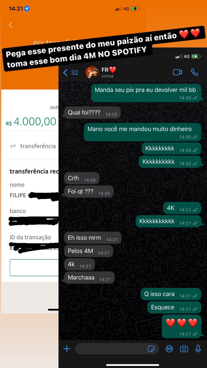 caioluccass's tweet photo. @FilipeRet Me mandou 4 MIL pra eu comemorar 4MILHOES NO SPOTIFY. Ele é pika 😂❤️ https://t.co/svbX4Jv5M9