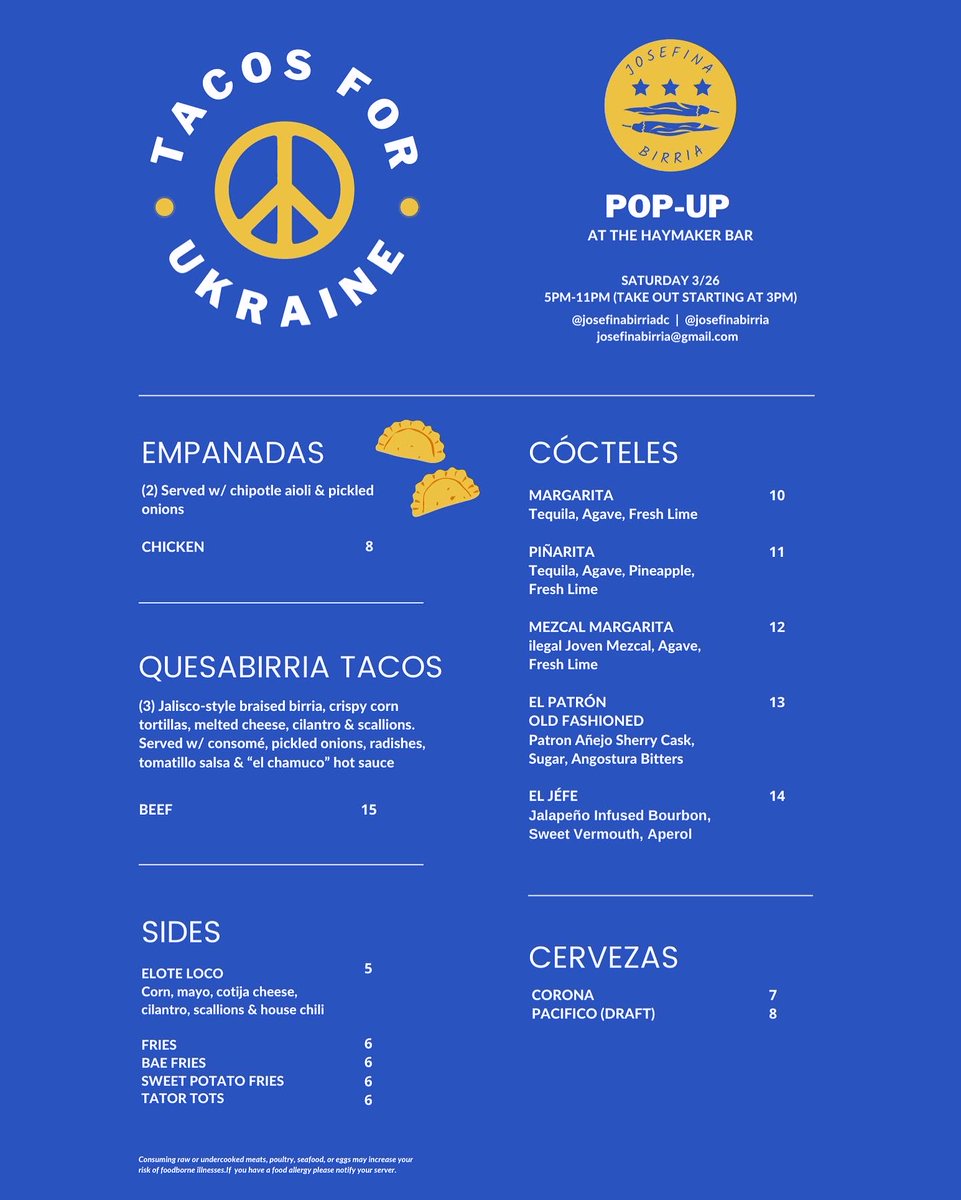 🌮 TACOS FOR UKRAINE 🇺🇦 Support our friends at Josefina Birria DC today as we bring back a one day pop-up for a good cause! All food profits will be donated to Ukraine Refugee Relief by Friends of Moldova