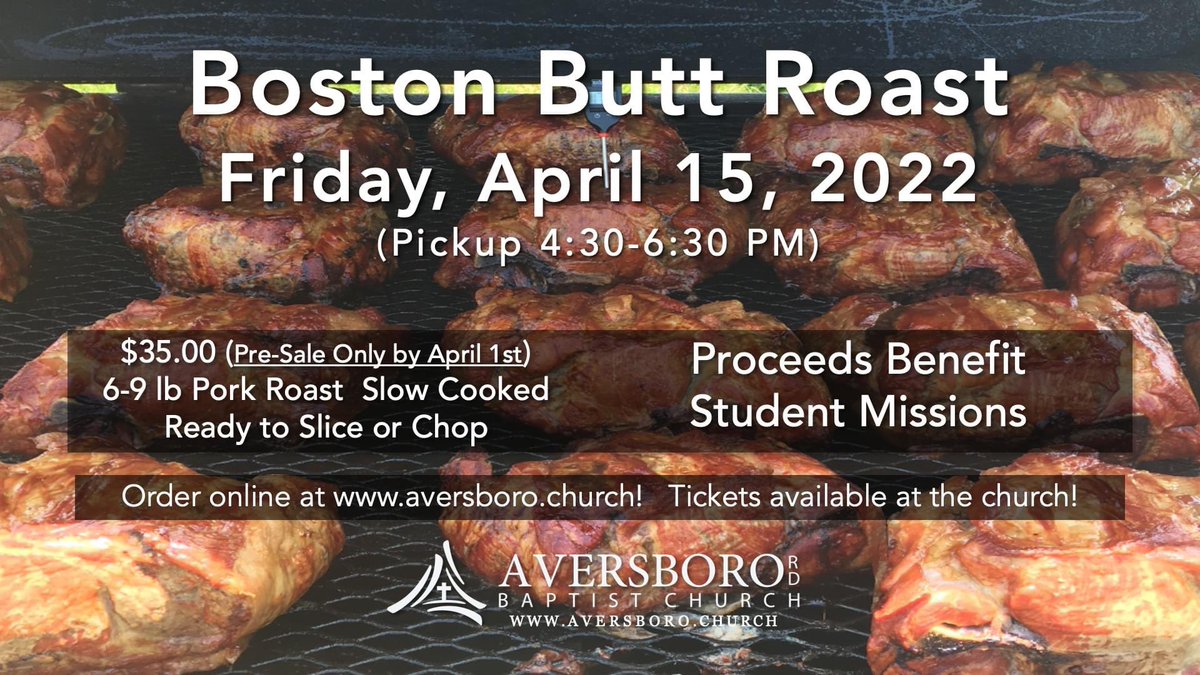 aversborochurch's tweet photo. Order your Boston Butt online at https://t.co/cK62GDrHBS  $35 for a slow cooked 6-9 lb pork roast just in time for Easter!  Pick up on Friday April 15!  Order by April 3rd! https://t.co/nqcl8LOMlV