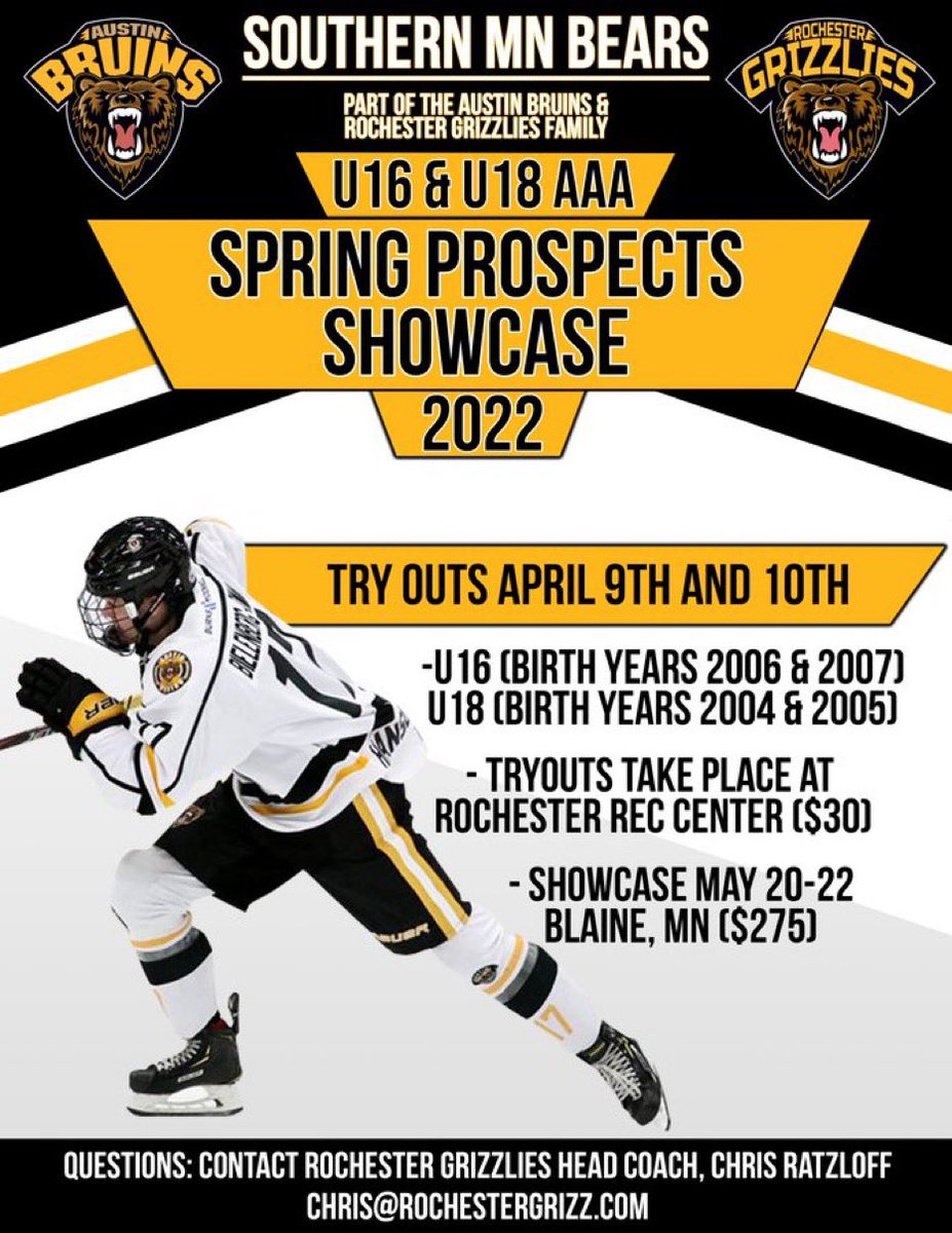 🚨Tryout Information🚨
U16
Saturday 4/9/22  6:30 - 7:30pm 
Sunday 4/10/22  Noon - 1:00pm
U18
Saturday 4/9/22  7:45 - 8:45pm
Sunday 4/10/22  1:15 - 2:15pm
Registration Link: austinbruins.sportngin.com/register/form/…
