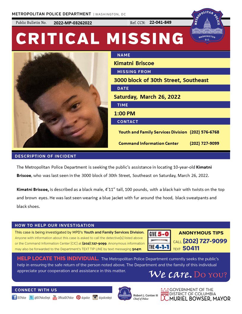 BAM_FI's tweet photo. #Washiington, DC: 10y/o Kimatni Briscoe was last seen in the 3000 block of 30th Street, Southeast on Saturday, March 26, 2022. 

Have info? Call (202) 727-9099/text 50411

#HelpUsFindKimatniBriscoe @DCPoliceDept https://t.co/gvUoNSdGU4