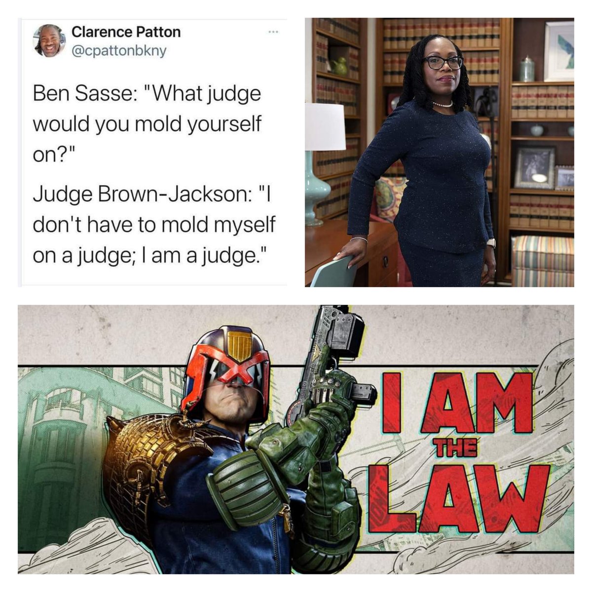 ebonstorm's tweet photo. STUPID CONFIRMATION QUESTIONS

Critical Rage Theory | Thaddeus Howze 

Ben Sasse: “What judge would you mold yourself on?”

Judge Brown-Jackson: “I don't have to mold myself on a judge; I am a judge.”

#Dayshift #MediaCollage #JudgeJackson #JudgeDredd #Iamthelaw https://t.co/wfSo0SYMMc