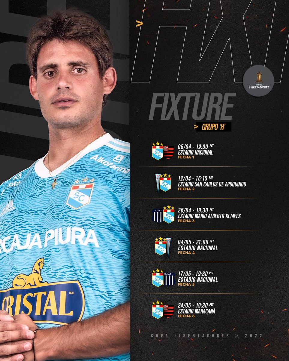 ClubSCristal's tweet photo. 📆 Así será el calendario de Sporting Cristal en la @Libertadores 2️⃣0️⃣2️⃣2️⃣. 🏆

¡VAMOS, CELESTES! 💪

#FuerzaCristal
#SomosFamilia https://t.co/t9471J8eXe
