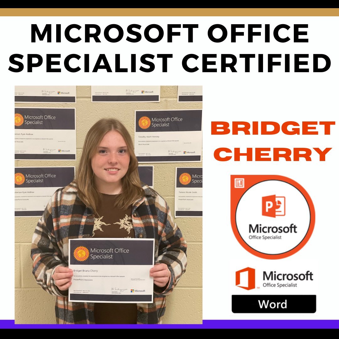 claycountydawgs's tweet photo. Junior Bridget Cherry became Microsoft Office Specialist Certified in PowerPoint yesterday. She is in Mrs. Dodsonโs Advanced Computer Applications class. Congratulations, Bridget! #cteworks #testout #businesseducation #moscertification #collegeandcareerready #honorsanddistinction https://t.co/sHFfk1CpPO