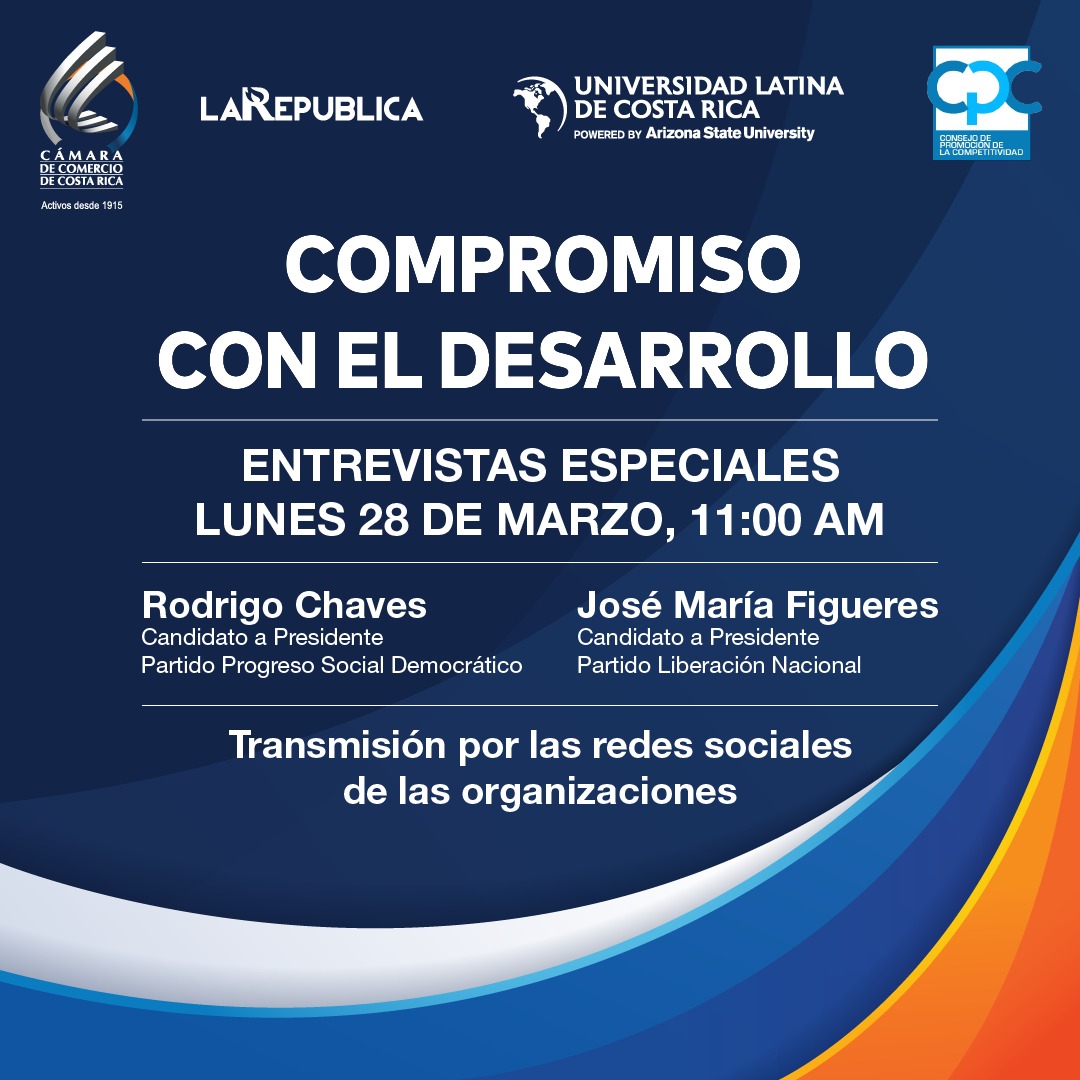 La_Republica's tweet photo. A menos de una semana de la segunda ronda, conozcamos la visión de los aspirantes a la Presidencia en un esfuerzo conjunto con la @CamaraComerCR , @La_Republica, la @ULatinadeCR y el Consejo de Promoción de la Competitividad de Costa Rica.
#CompromisoconelDesarrollo https://t.co/ArQ0Y3mGQO
