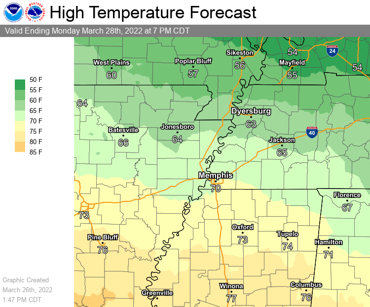 NWS Memphis on Twitter "Warmer temperatures are forecast for Monday