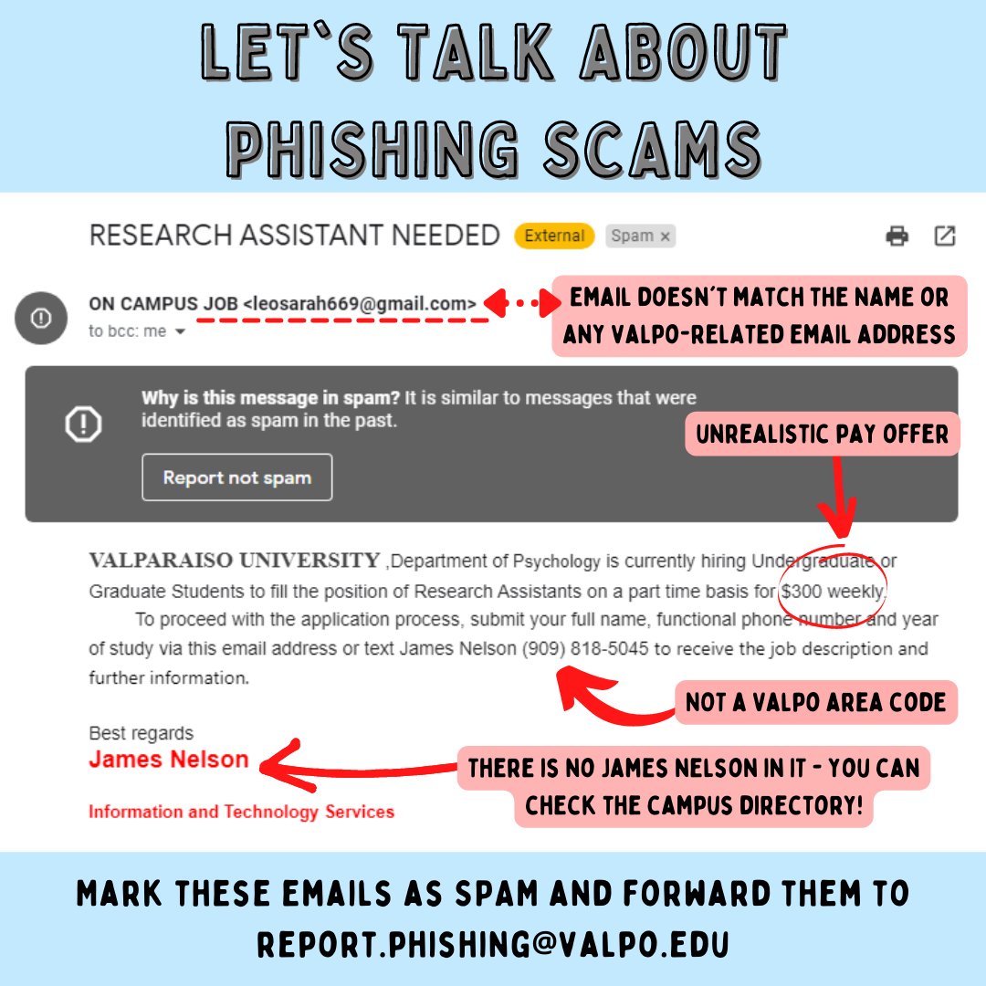 itatvalpo's tweet image. Happy Weekend Valpo! Recently there were a few phishing emails that went out, so check out these clues to help you decide which emails are a scam and which are true! When in doubt, NEVER give out any personal information, and contact the Help Desk for support. #SecureSaturday