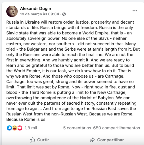 anionscop's tweet photo. People think it all came out of Putin's head. No. People need to know who is the mastermind of Russian evil. Putin's rasputin. "The Third Rome Is Putting a Limit to the New Carthage".It sounds like a madhouse speech, but it's Putin's guru. #Ukranians #Ukraine #UkraineUnderAttaсk https://t.co/qwcBTPx5Gx