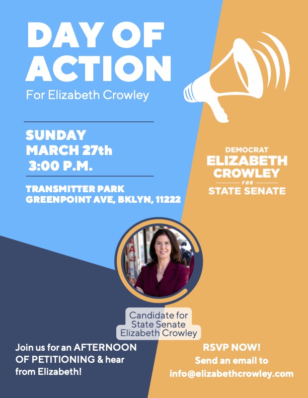 ElizCrowleyNYC's tweet photo. #Greenpointers! We need you to turn out tomorrow at 3pm at Transmitter Park for a Day of Action - hear from Elizabeth on the issues that matter to us most & sign up for a shift to help us finish up our petitioning season: https://t.co/avzTnvIbk7 #Greenpoint #Brooklyn https://t.co/AiHwqUJaU3