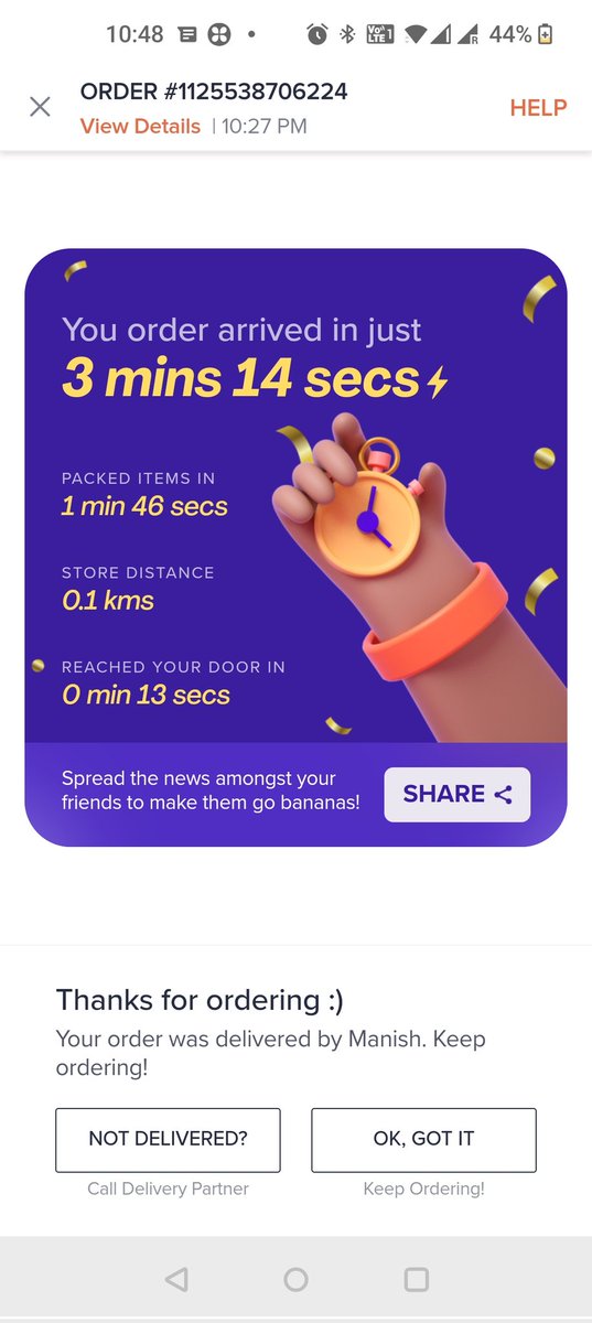 SidMehta91's tweet photo. My instamart order delivered in 3 mins! Taking super quick delivery too seriously 😅 Good work #Swiggy! #10minutedelivery
@swiggy_in @SwiggyCares @harshamjty https://t.co/sRQZWouqx2
