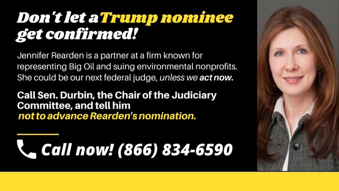 DasCherie's tweet photo. SOS! Vote coming any day!
Jennifer Rearden is a partner at a law firm that defends Big Oil & sues environmental nonprofits. She should NIT be a Federal Judge Call
@SenatorDurbin
& tell him not to advance her nomination for federal judge! #RejectRearden https://t.co/wTul71KpPV