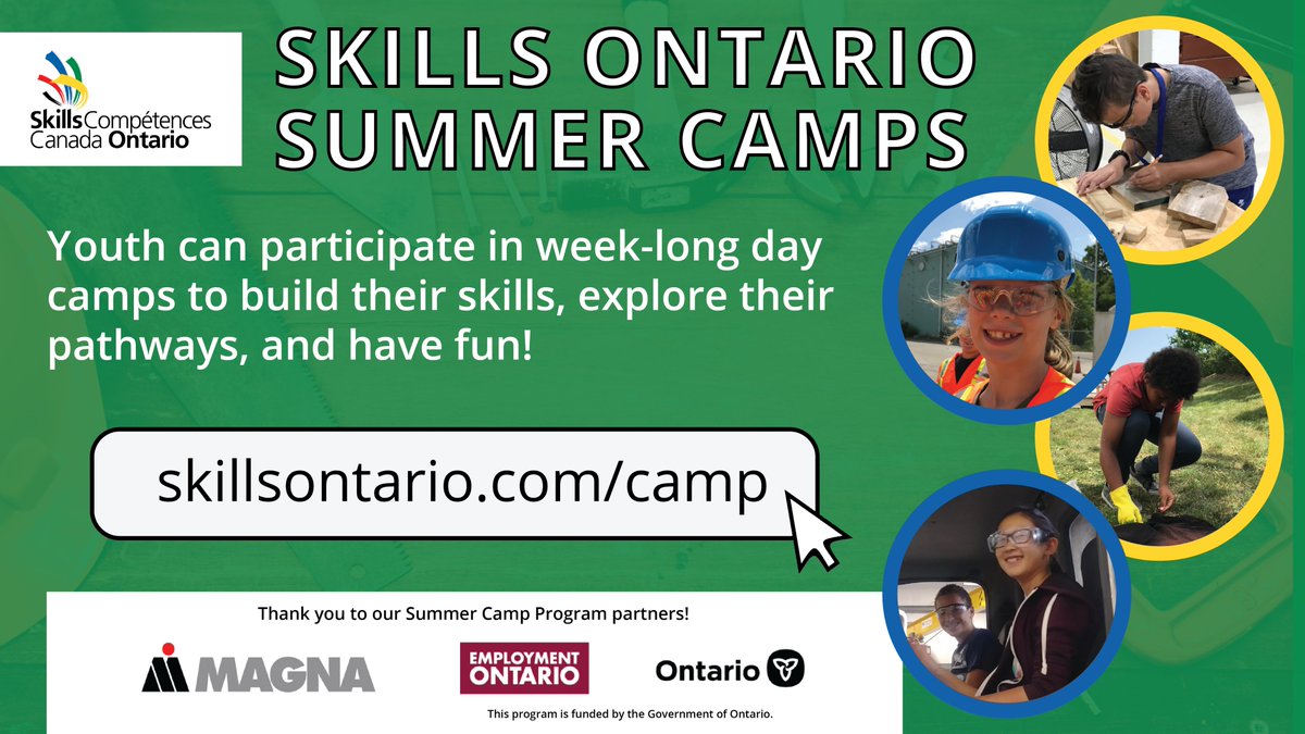 Don't miss our 2022 Summer Camps! This program is a great opportunity for youth to explore skilled trades and technologies through fun, experiential learning! Get all the details at skillsontario.com/camp. The early bird rate is valid until April 10th!