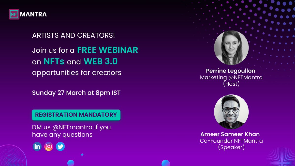 NFTMantra's tweet photo. Don't miss you webinar on #NFTs and #web3 opportunities for #Artist &amp; #creators ✨ Register now 👉 https://t.co/DA7WLACow3 https://t.co/PxP4syRNKG