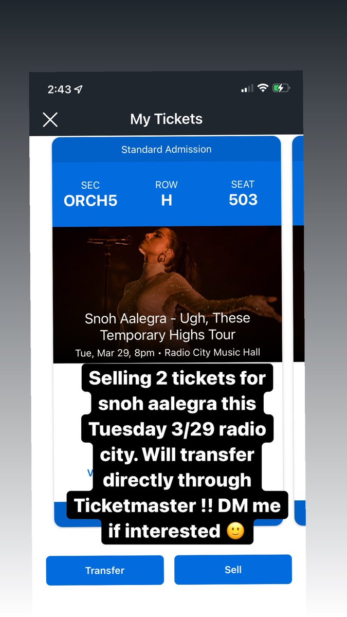 ambersnyc's tweet photo. Selling two snoh aalegra tickets for this Tuesday in nyc radio city! I can’t make it and can’t get a refund. Will sell for face value or less just so they don’t go to waste ! https://t.co/cO8rPZF5Qg