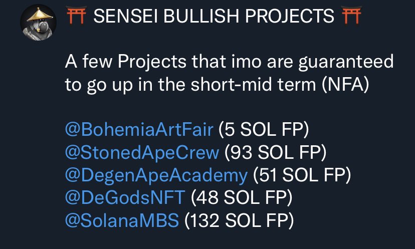 FOUND THIS ON TWITTER DRAFTS

Current Floor Prices: 

<a href="/BohemiaArtFair/">Bohemia Art Fair🤙| Fabulosa</a> - 10 SOL FP 📈
<a href="/StonedApeCrew/">Stoned Ape Crew</a> - 80 SOL FP 📉
<a href="/DegenApeAcademy/">Degenerate Ape Academy</a> - 75 SOL FP 📈
<a href="/DeGodsNFT/">DeGods</a> - 80 SOL 📈
<a href="/SolanaMBS/">Solana Monkey Business</a> - 220 SOL 📈

This is why I use GOD MODE for NFTs 

So sorry for not tweeting it tho 🙏🏼