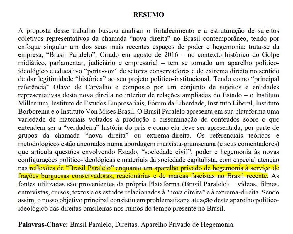 Chegou à minha atenção um trabalho acadêmico que envolve meu nome, uma tese de dissertação sobre a Brasil Paralelo que basicamente acusa a empresa, e os seus "intelectuais orgânicos", como me definem, de estar a serviço da burguesia e de "... marcas fascistas no Brasil".