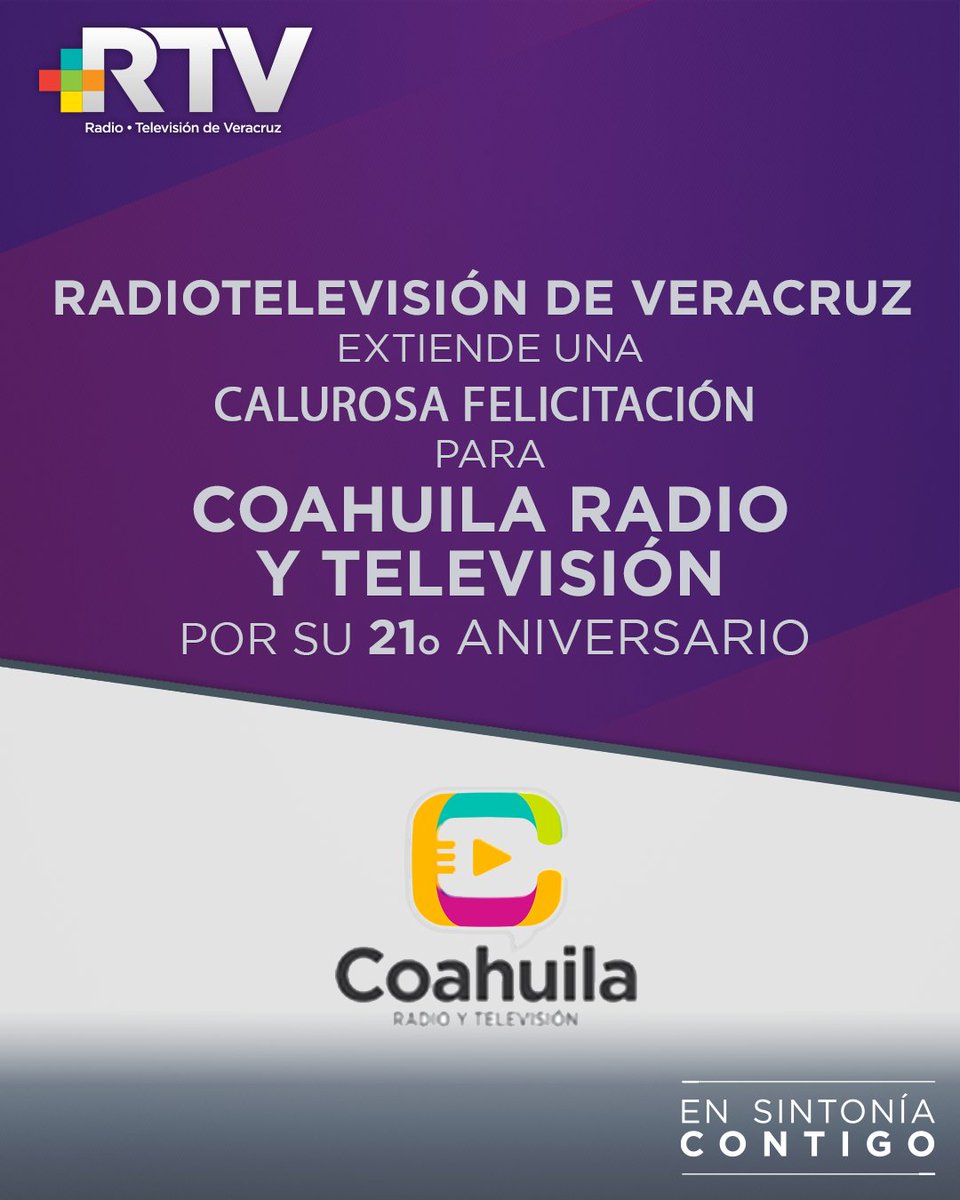 Desde RTV envíamos una calurosa felicitación para <a href="/CoahuilaRadioTV/">Coahuila Radio y Televisión</a> en su 21º Aniversario.

#MediosPúblicos