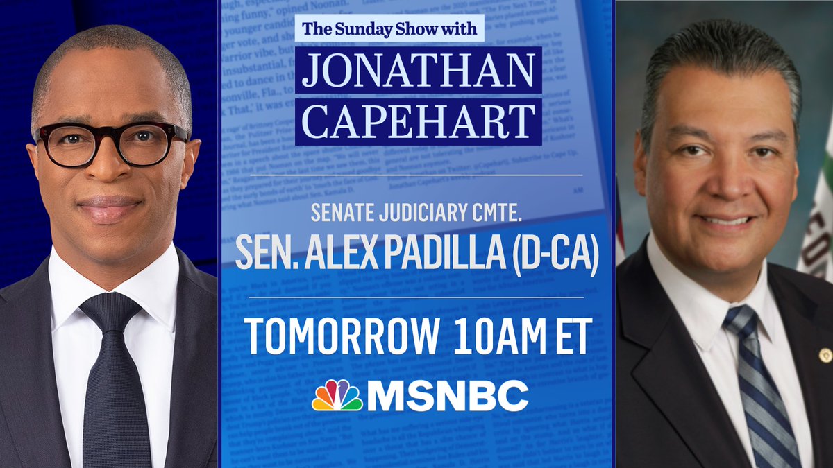 TOMORROW: <a href="/SenAlexPadilla/">Senator Alex Padilla</a> joins <a href="/CapehartJ/">Jonathan Capehart</a> to share his insight on the historic SCOTUS nomination of Judge Ketanji Brown Jackson. Like/RT if you’ll be watching! #SundayShow #MSNBC