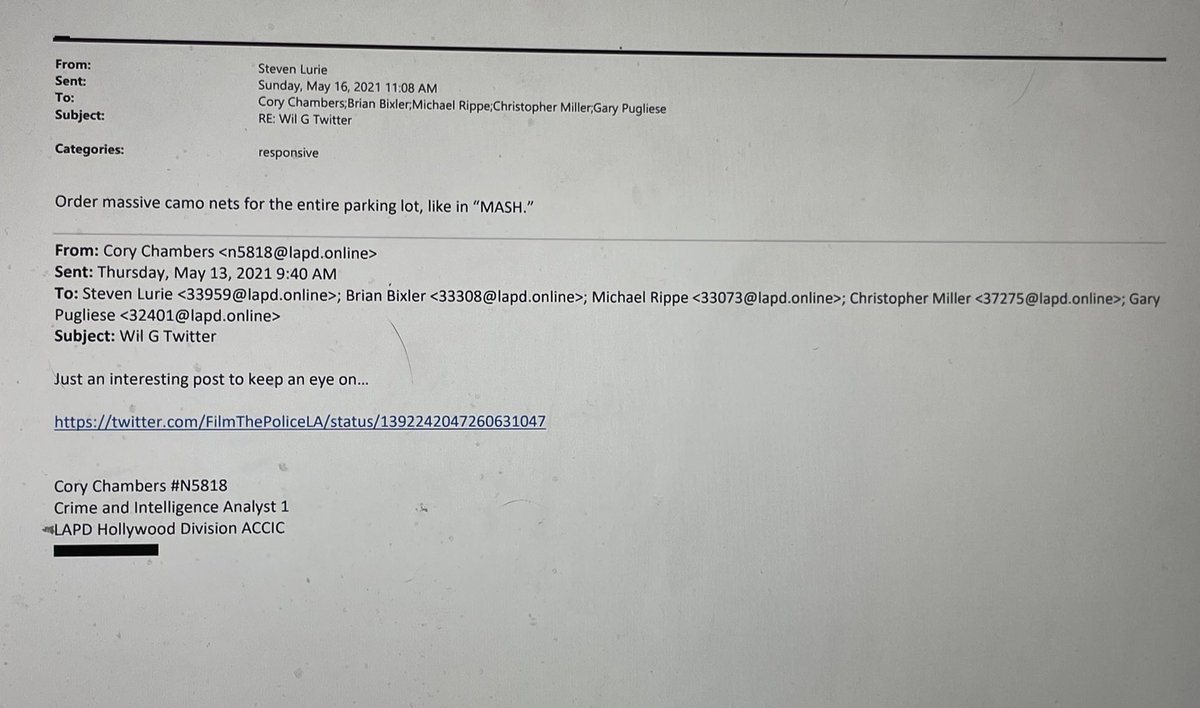LAPD Crime &amp; Intelligence analysts sending a screenshot of one of my tweets to Commander Lurie.
