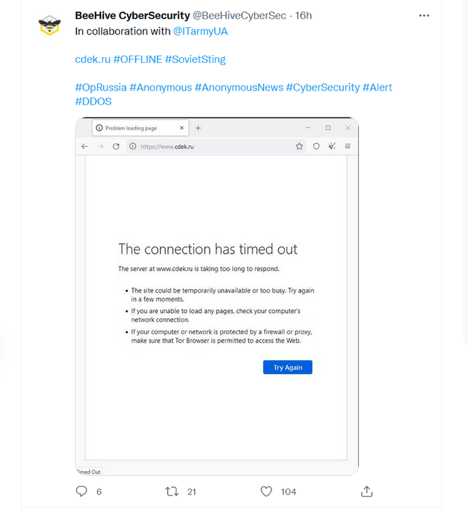 cyber_etc's tweet photo. Russia 🇷🇺: the "BeeHive CyberSecurity" hacking group announced that it took the website of the Russian delivery company #CDEK offline.
The #cyberattack (apparently a #DDoS) was carried out with the IT Army of #Ukraine.
#OpRussia #Anonymous #BeeHive @ITarmyUA
Via @BeeHiveCyberSec https://t.co/VpmVB6v073