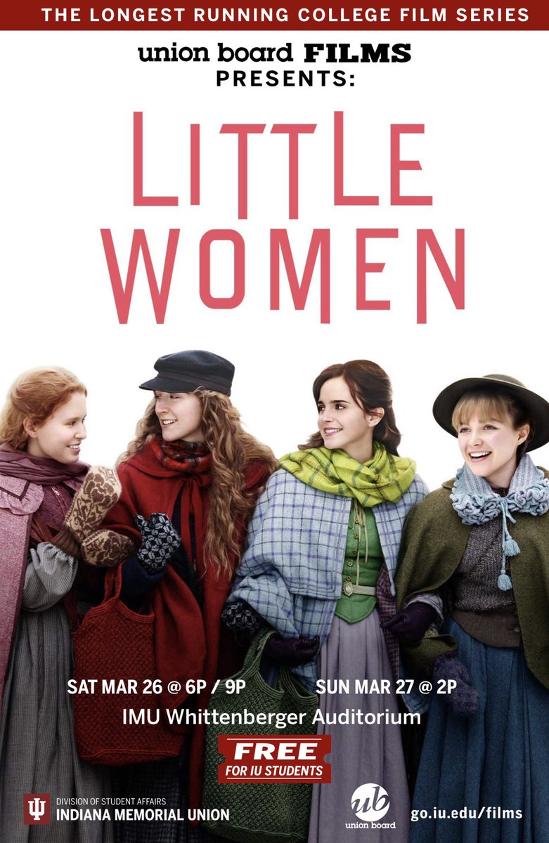 UBFilmsIU's tweet image. 🍿“Little Women”🍿starting tonight! Join us in the IMU Whittenberger Auditorium 3/26 @6/9 P and 3/27 @2 P for a showing of this critically acclaimed film! Make sure to RSVP on BeInvolved!