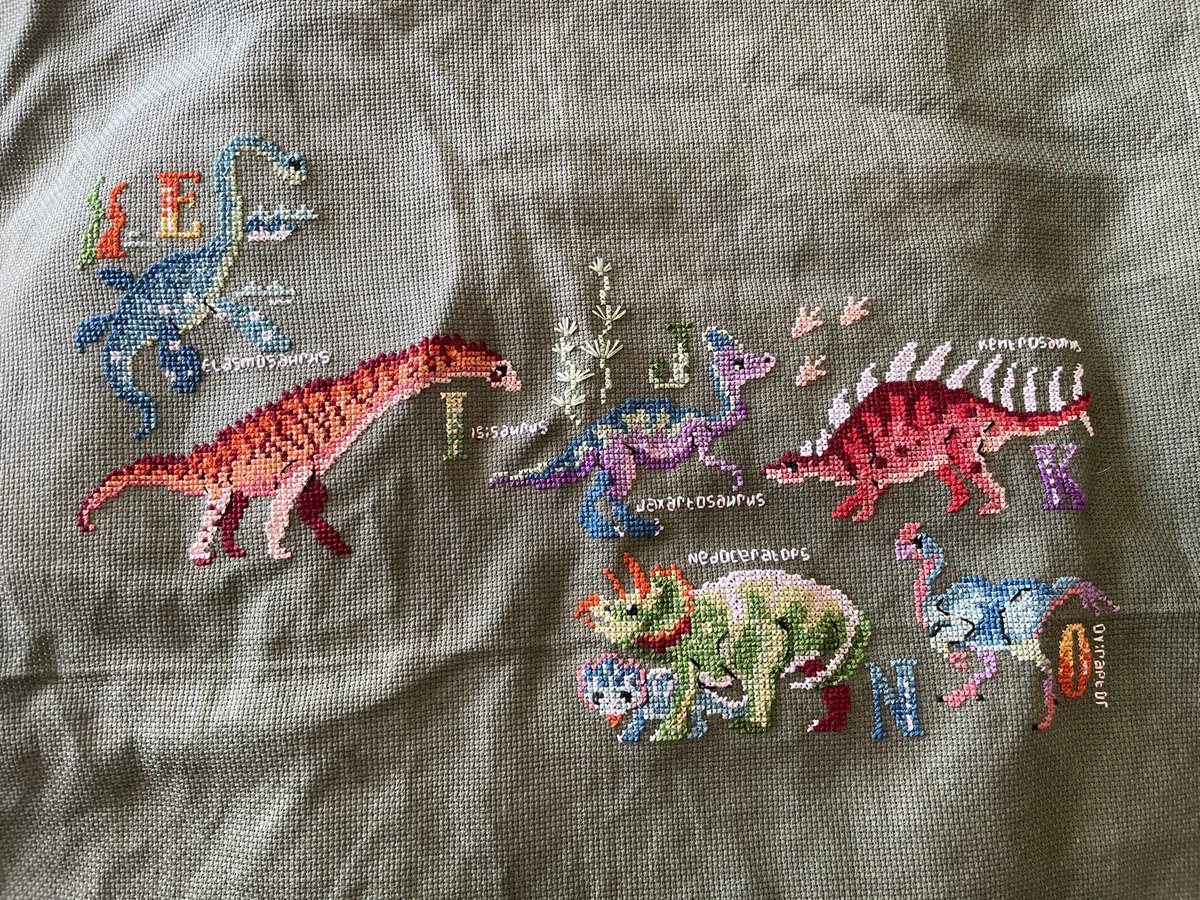 vtress29's tweet photo. When I’m not drawing (or doing other adulting activities like work and parenting and worrying about my health) I’m cross stitching. 

Here is my current #WIP and stitch-along progress of the Dinosaur Alphabet from #Cloudsfactory https://t.co/Xfg1ksLVXB