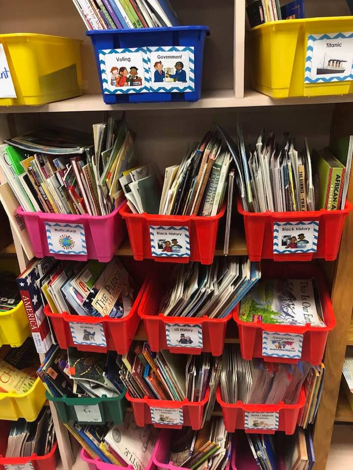 A school book room that looks like the SVR. Decodable books aligned with taught phonics skills for practice &amp; building a sight word vocabulary. And knowledge bins of text for vocab. development, to build background knowledge &amp; more. When this school knew better, they did better.
