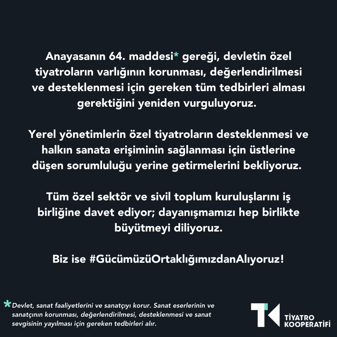 TiyatroKoop's tweet photo. Biz artık #27MartDünyaTiyatroGünü'nü coşkuyla kutlayabilmek istiyoruz!
Bugün herkesi ayakta kalma mücadelesini sürdüren tiyatrolarımızla dayanışmaya çağırıyor; ilgili tüm kamu, özel sektör ve sivil toplum kuruluşlarını ortak çözüm için iş birliğine davet ediyoruz. https://t.co/ICYvD2OmU1