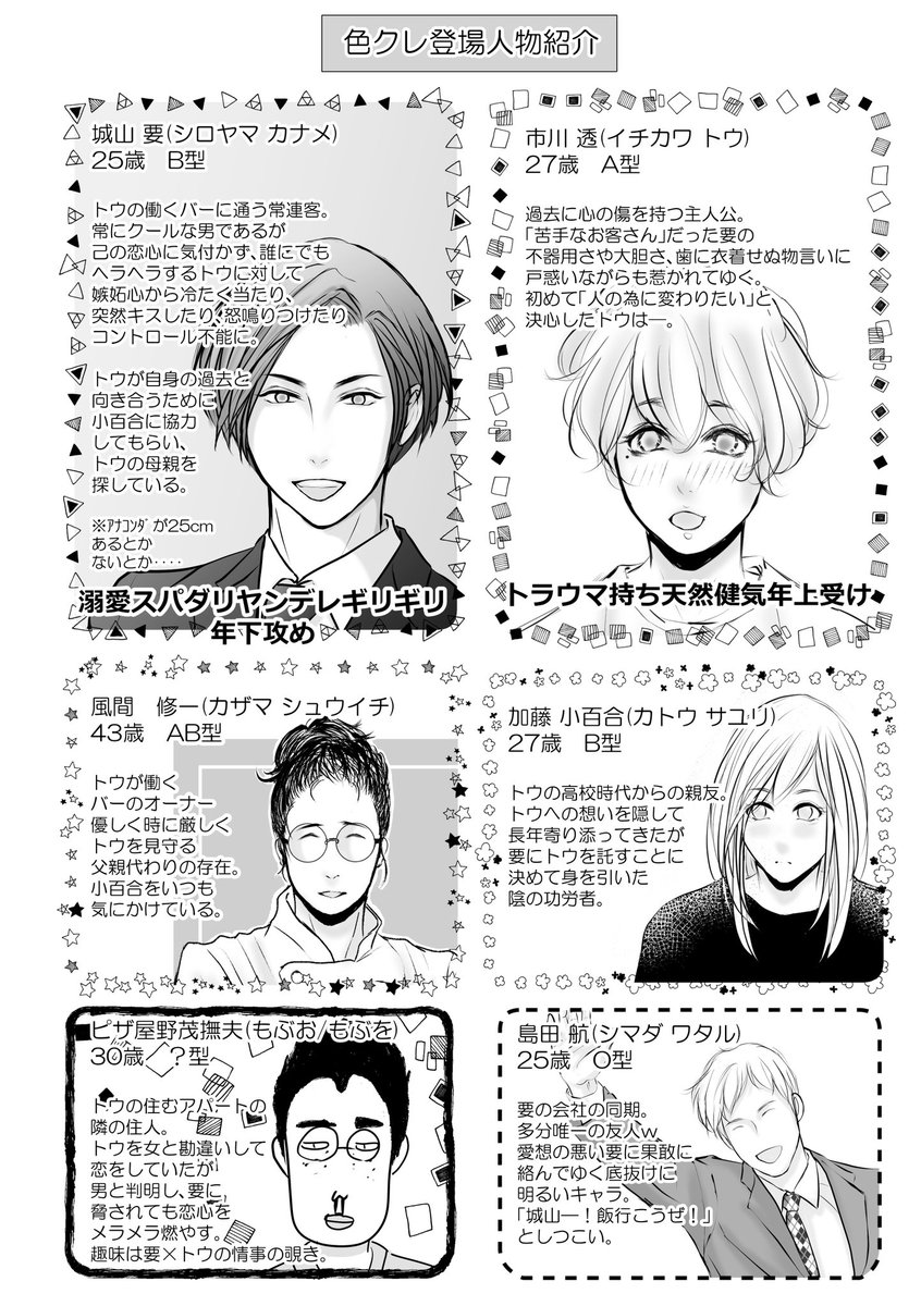 登場人物紹介を描いたよ～🦍💕 こちら袋とじみたいにして本の1ページ目に挟んでおきますね💕💕💕 増刷する時は1ページ目に入れます😚✌️   #創作BL #色クレ