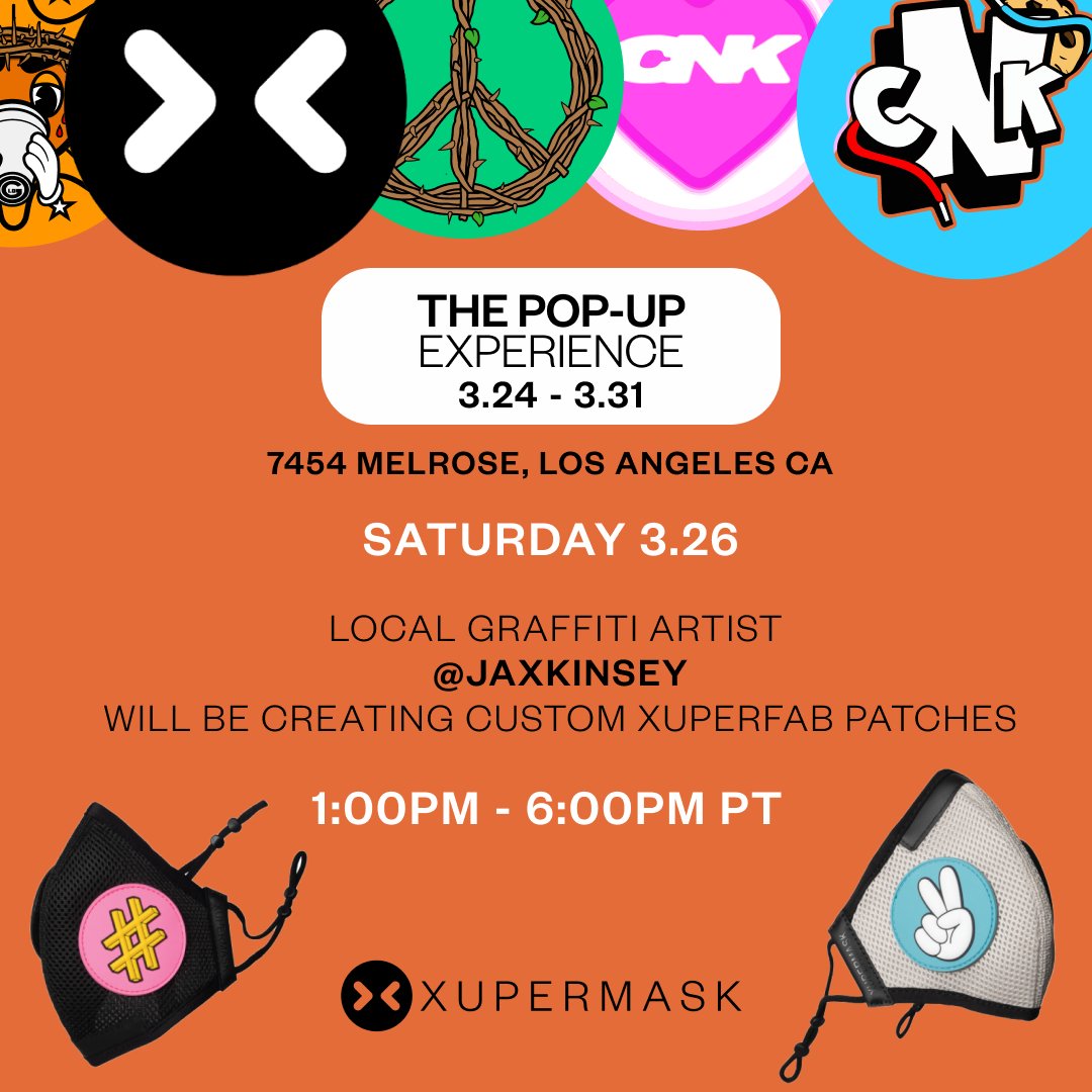 XUPERMASK (@xupermask) on Twitter photo The XUPERMASK Pop-Up is going strong <a href="/cookiesnkicks/">Cookies N' Kicks</a> Join us today as local graffiti artist <a href="/jaxkinsey/">Jax Kinsey</a> will be creating custom patches for the XUPERFAB from 1:00pm-6:00pm PT.
7454 Melrose Ave, Los Angeles CA The XUPERMASK Pop-Up is going strong <a href="/cookiesnkicks/">Cookies N' Kicks</a> Join us today as local graffiti artist <a href="/jaxkinsey/">Jax Kinsey</a> will be creating custom patches for the XUPERFAB from 1:00pm-6:00pm PT.
7454 Melrose Ave, Los Angeles CA
