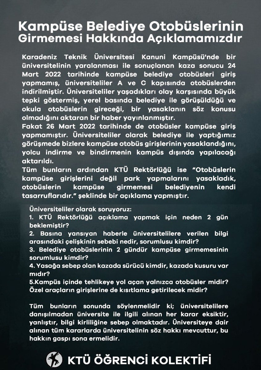 kolektifktu's tweet photo. Kampüse Belediye Otobüslerinin girmemesi hakkında açıklamamızdır.
Derhal cevap verin, üniversiteliyi mağdur etmeyin!
@tcktu1955 @baskanzorluoglu @TrabzonBelTr https://t.co/XnCws18Whk