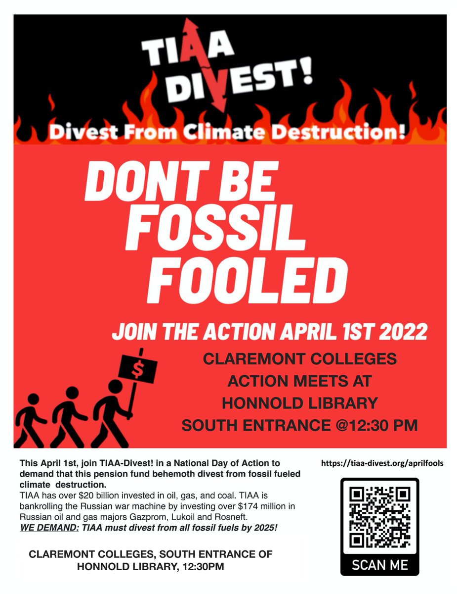 DanSegal14's tweet image. Don't Be (fossil) Fooled by @TIAA!  

April 1 Claremont Action against fossil fueled planetary destruction.  

@SunriseMvmtLA @codepink @nancymancias @amazonwatch @Divest5Cs @PDAClimate @TSLnews @StopMoneyPipe @Stoplandgrabbin @foe_us @sienarswift 

#TIAADivest