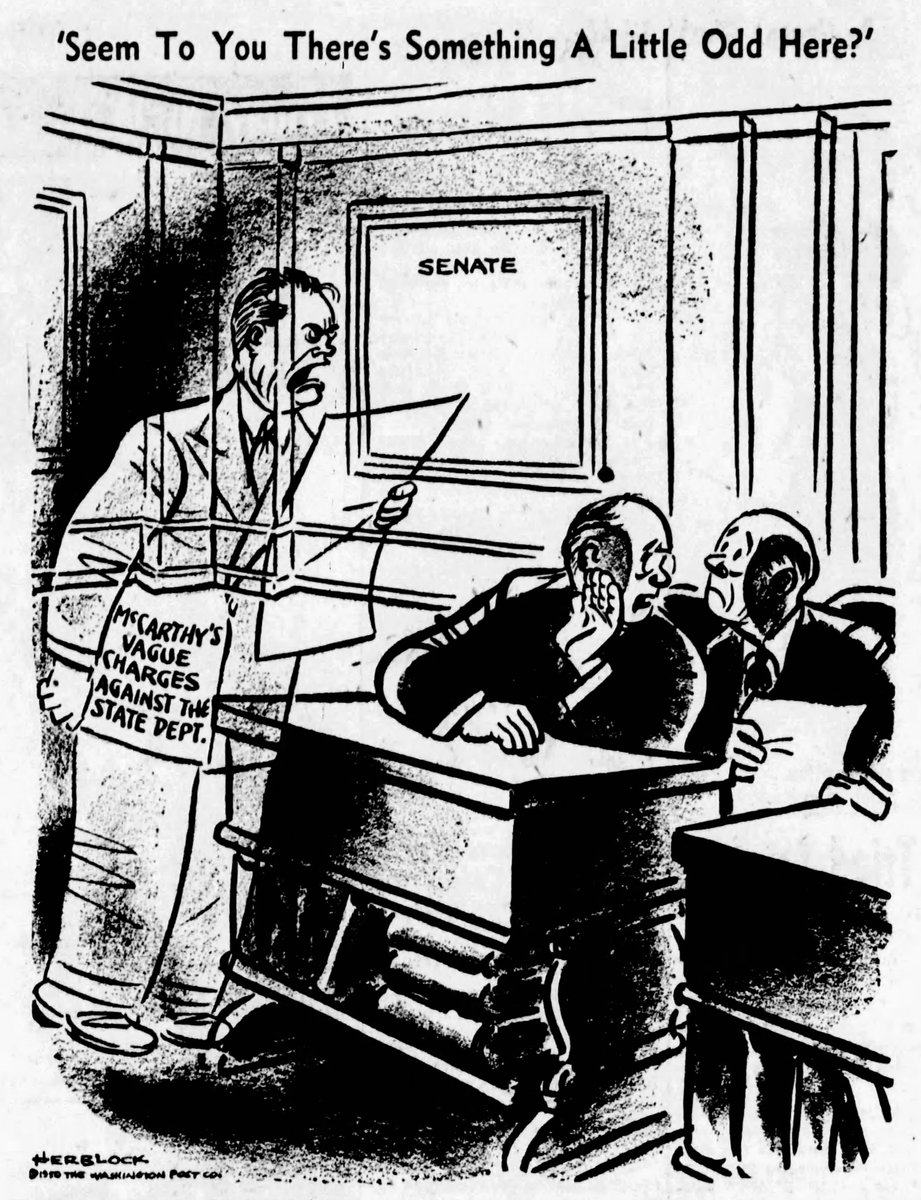 Political Cartoon. With Senator Joseph McCarthy under pressure to substantiate accusations of communists in the State Department, journalist Drew Pearson #TDIH in 1950 identified Professor Owen Lattimore as McCarthy's claimed 