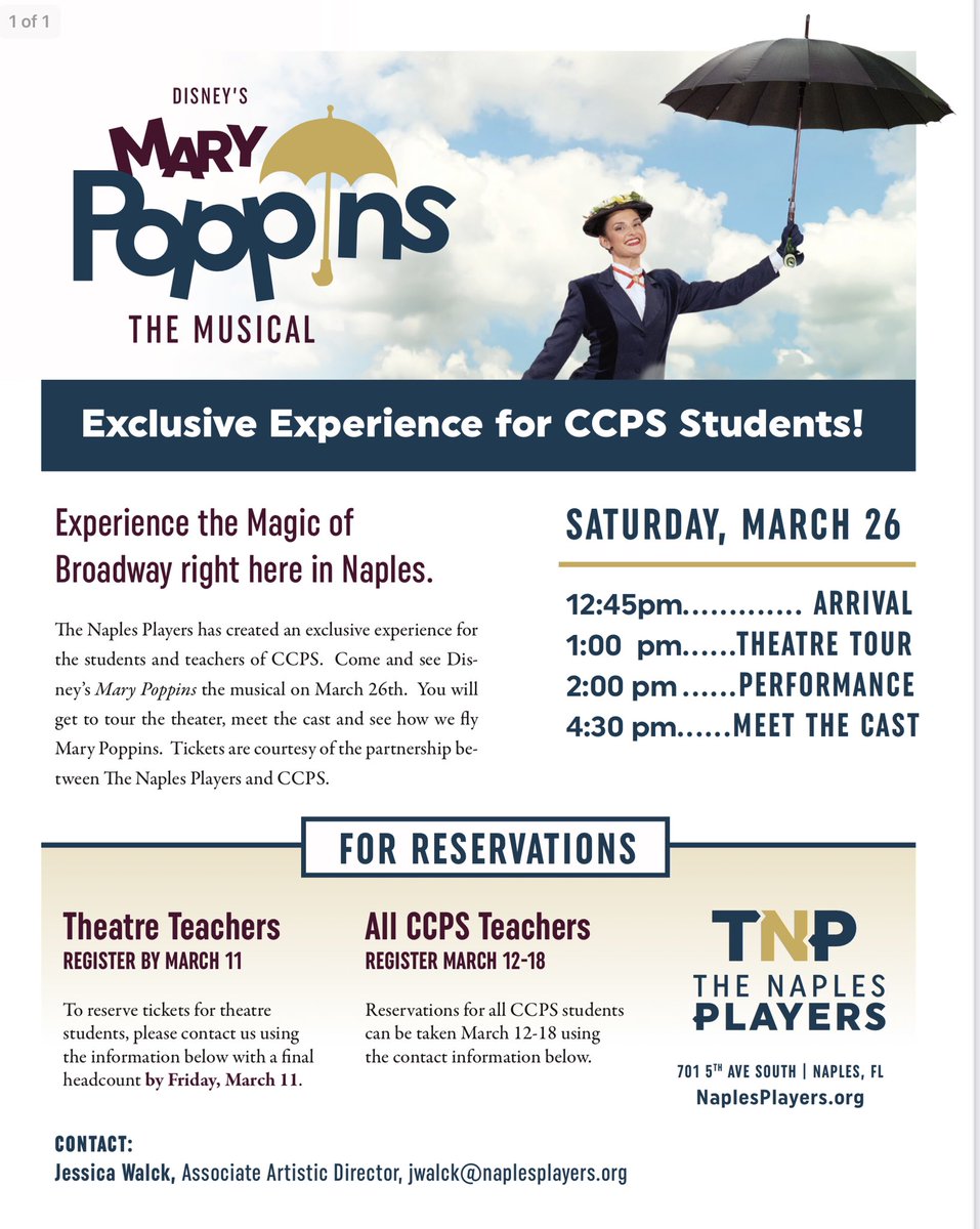 Skip_Pardee's tweet photo. Today we welcomed almost 150 @collierschools theatre students to @NaplesPlayers production of Mary Poppins! Incredible show! https://t.co/5Gqxi5RPdl