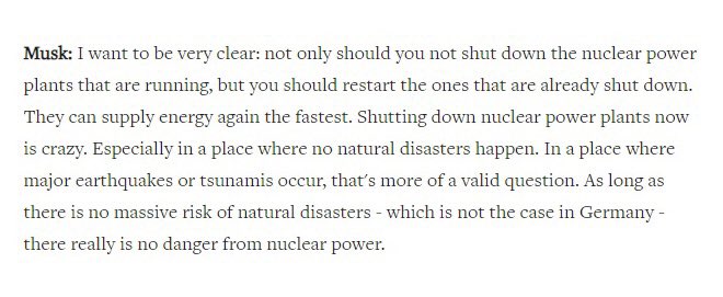 Mensaje de <a href="/elonmusk/">Elon Musk</a> a Alemania 🇩🇪: «Quiero ser muy claro: no solo no deberíais parar las centrales nucleares que están funcionando, sino reiniciar las que están paradas […] Cerrar ahora las centrales nucleares es una locura.»
welt.de/politik/deutsc…