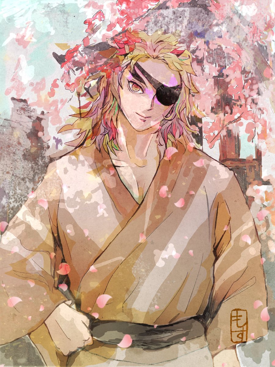 rengoku kyoujurou 1boy male focus solo japanese clothes blonde hair forked eyebrows eyepatch  illustration images