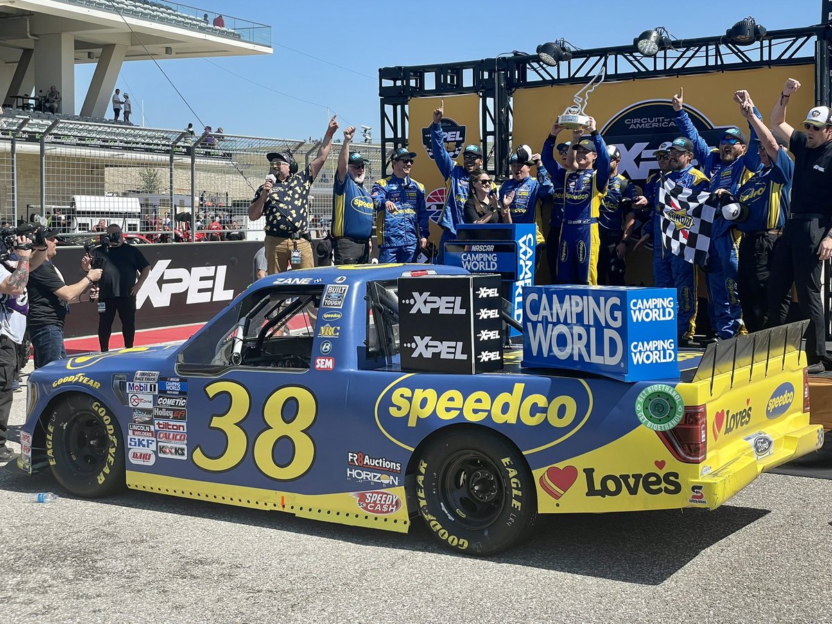 SafetyKleen's tweet photo. Congratulations to @zanesmith77, driver of the @Team_FRM Ford truck, on winning the truck race at @COTA. Safety-Kleen is proud to support the team at their race shop in Moorseville, NC. https://t.co/svzZIpV5ts