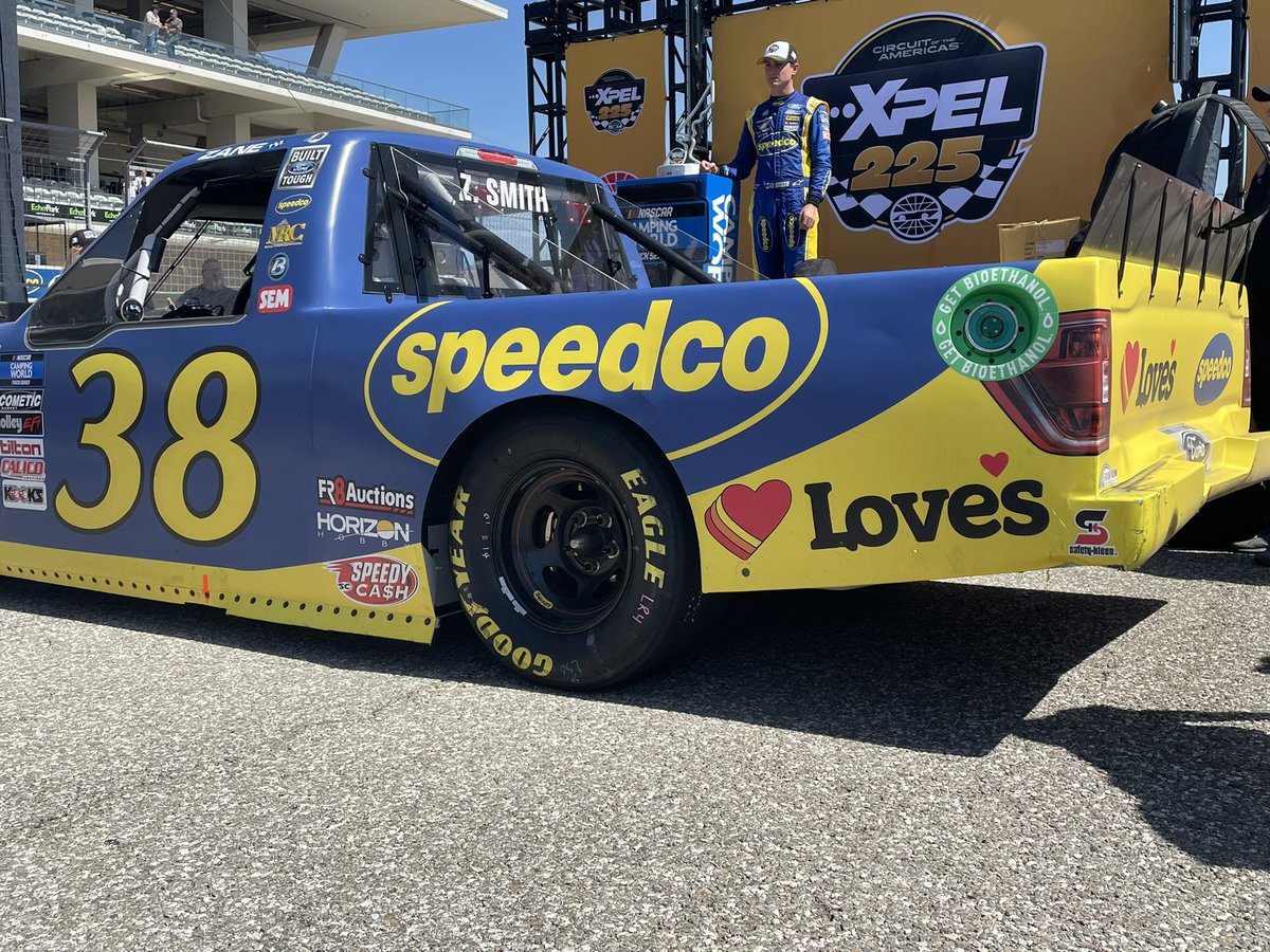 SafetyKleen's tweet photo. Congratulations to @zanesmith77, driver of the @Team_FRM Ford truck, on winning the truck race at @COTA. Safety-Kleen is proud to support the team at their race shop in Moorseville, NC. https://t.co/svzZIpV5ts