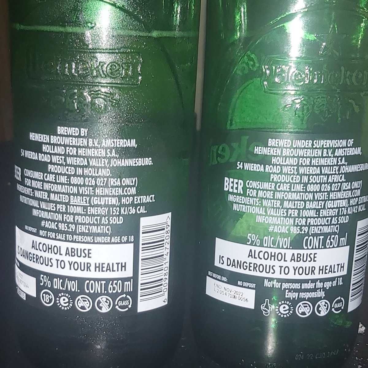 GeminiJay1's tweet photo. @Heineken_SA I love your beer. The real one. Spot the difference here. Taste different. Counterfeit? Legitimatise this? And your distributors?.  

#OperationDudula Pretoria Lux #OperationFiela https://t.co/mowpW9wHRI