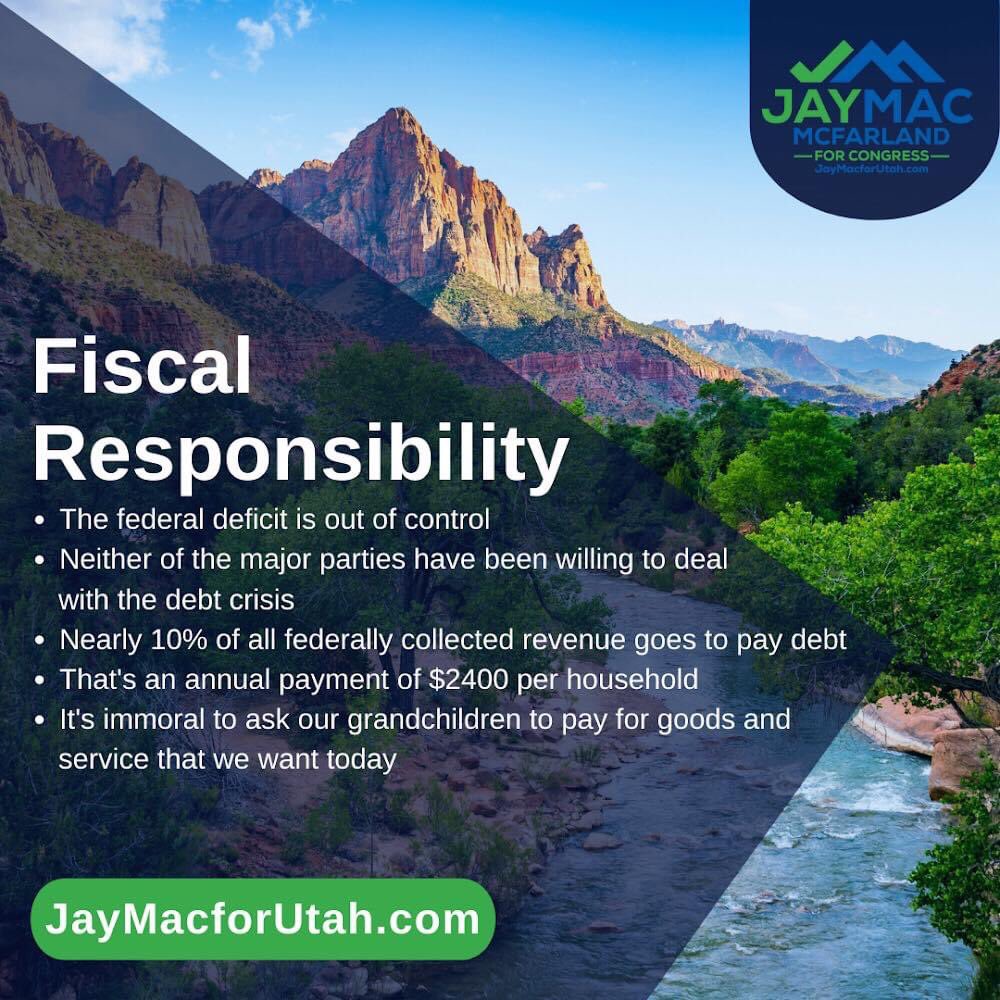 JayMcfarland's tweet photo. The federal deficit is out of control, and neither of the major parties seem willing to deal with it. We need leaders like JayMac in Congress! Help make that happen by donating today! 
https://t.co/tPyLxTMzwT

#JayMacforUtah #TeamJayMac #UTCD2 #Utah #UUP #JayMacforCongress https://t.co/mJkxqphZuz