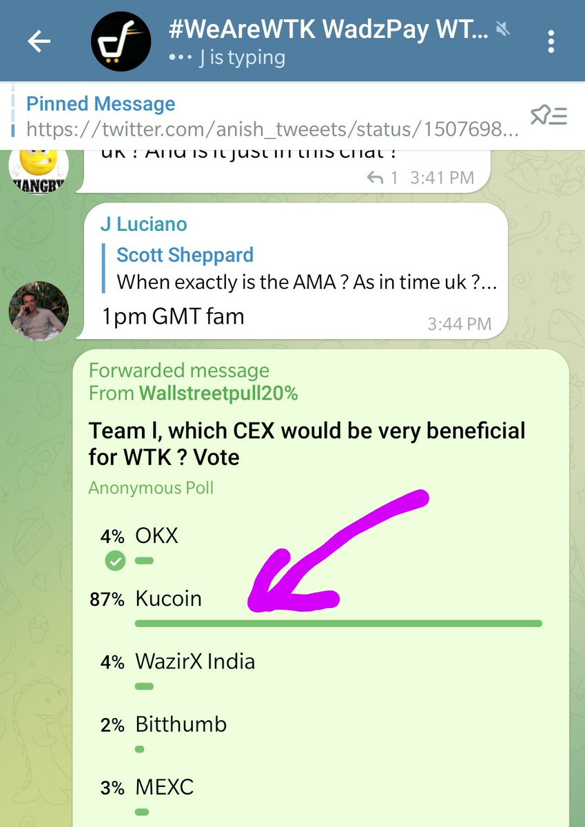 Hey <a href="/Anish_tweeets/">Anish</a>, I had a dream yesterday night that Wadzpay getting listed to <a href="/kucoincom/">KuCoin</a>...waiting to see this day💪. Also, Please find the poll results from #WTK community's wish about their CEX for <a href="/WadzPay/">WadzPay</a>