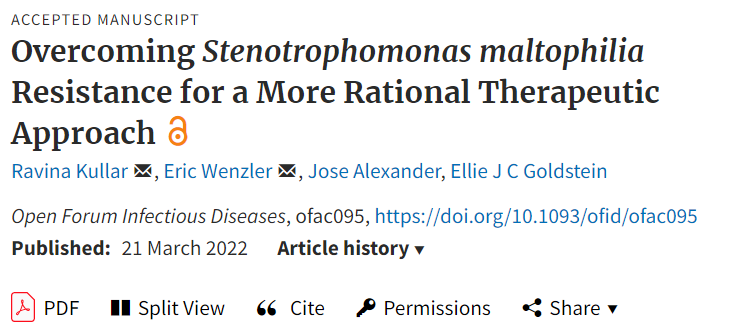 IDSAInfo's tweet photo. A new article in OFID reviews the recent literature on the management of S. maltophilia infections to provide clinicians with an up-to-date resource to inform current practice. 

📄:https://t.co/kIlnvKYDsT #IDSAJournals 

@PaulSaxMD @DrJLi @IDRoadrunner #OpenForumInfectDis https://t.co/zNh0FisJep