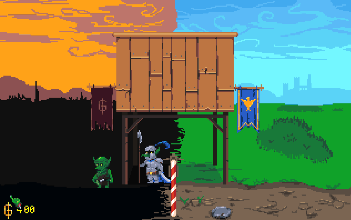 DavidBrocek's tweet photo. Border between the land of Humans and the land of Goblins.
Note 1: One of my favorite screens in #GoblinsQuest
Note 2: Yes, it is a real location (one screen) in the game. What did you expect from a silly Goblin adventure?
#pixelart #screenshotsaturday #indiedev #gamedev https://t.co/e6sBEQjx3o