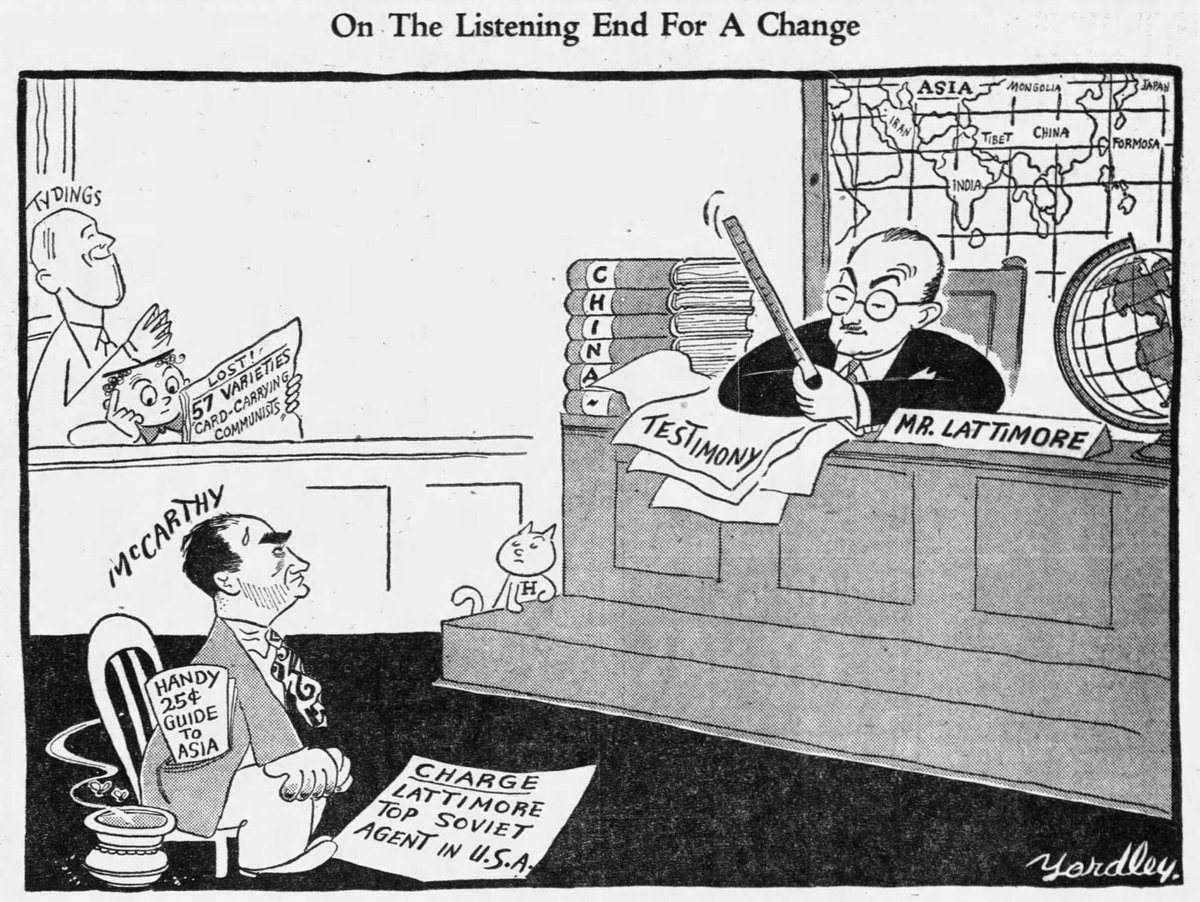 Political Cartoon. Drew Pearson #TDIH in 1950 identified Professor Owen Lattimore as Senator Joseph McCarthy's accused 