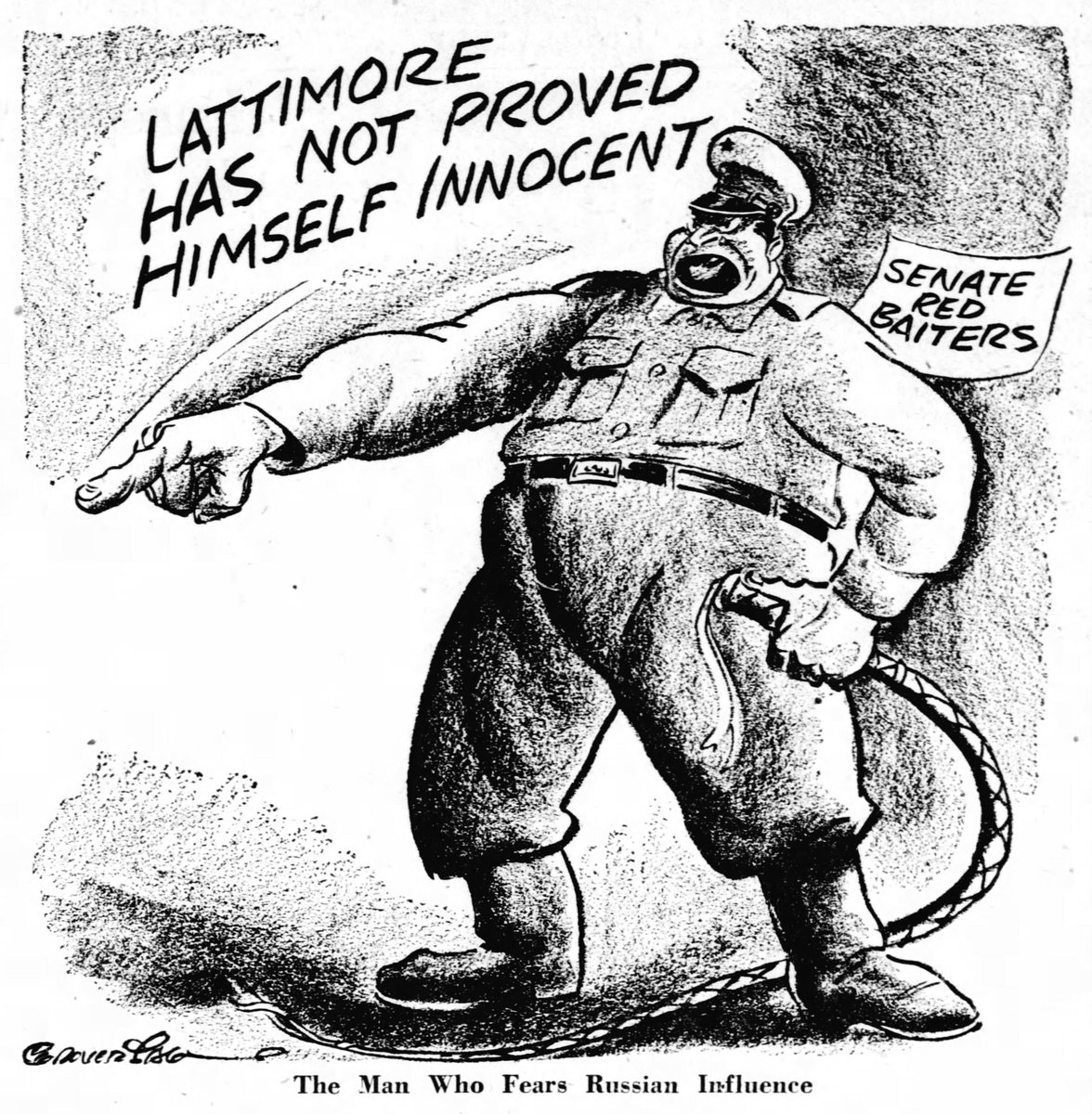 Political Cartoon. Drew Pearson #TDIH in 1950 identified Professor Owen Lattimore as Senator Joseph McCarthy's accused 